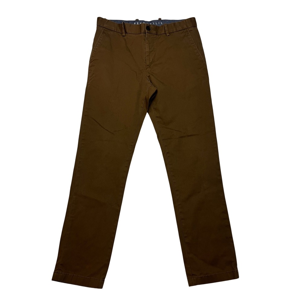 Perry Ellis Chino Pants Mens 32x32 Brown Slim Fit Stretch Cotton Flat Front 6813